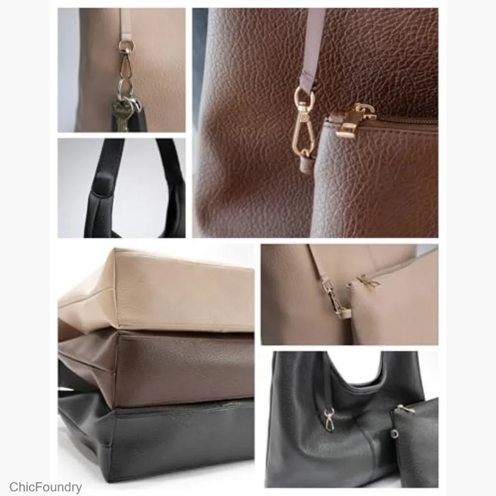 Large Vegan Leather Hobo Bag with Zippered Compartments and Shoulder Strap